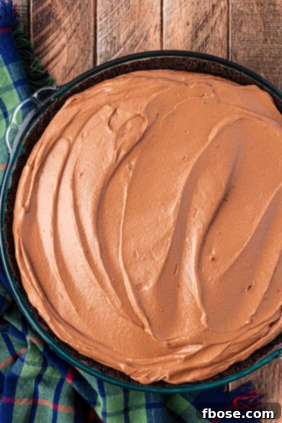 Chocolate pie filling in a oreo crust in a pie dish.