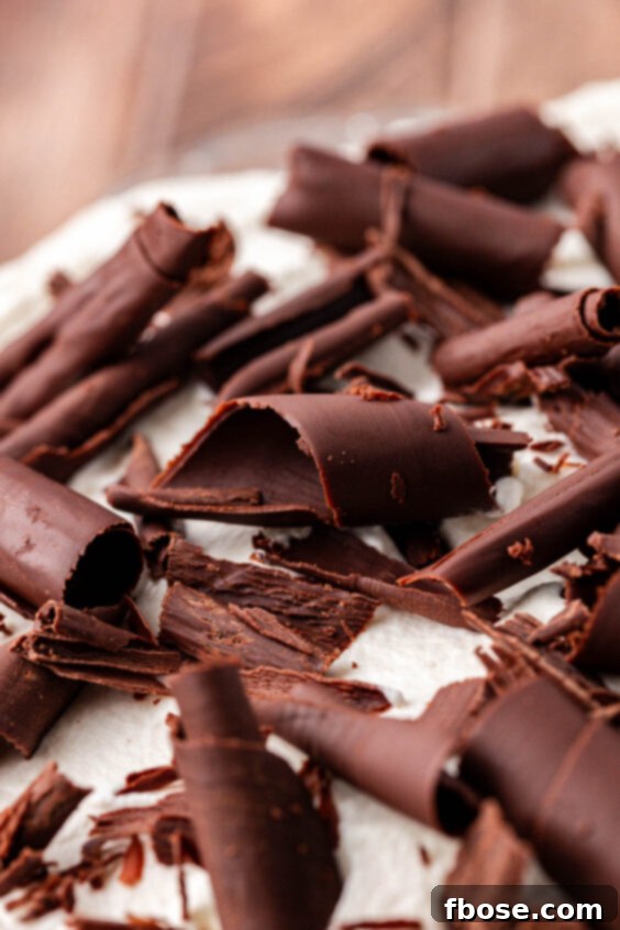 Chocolate curls on a whipped cream topped pie.