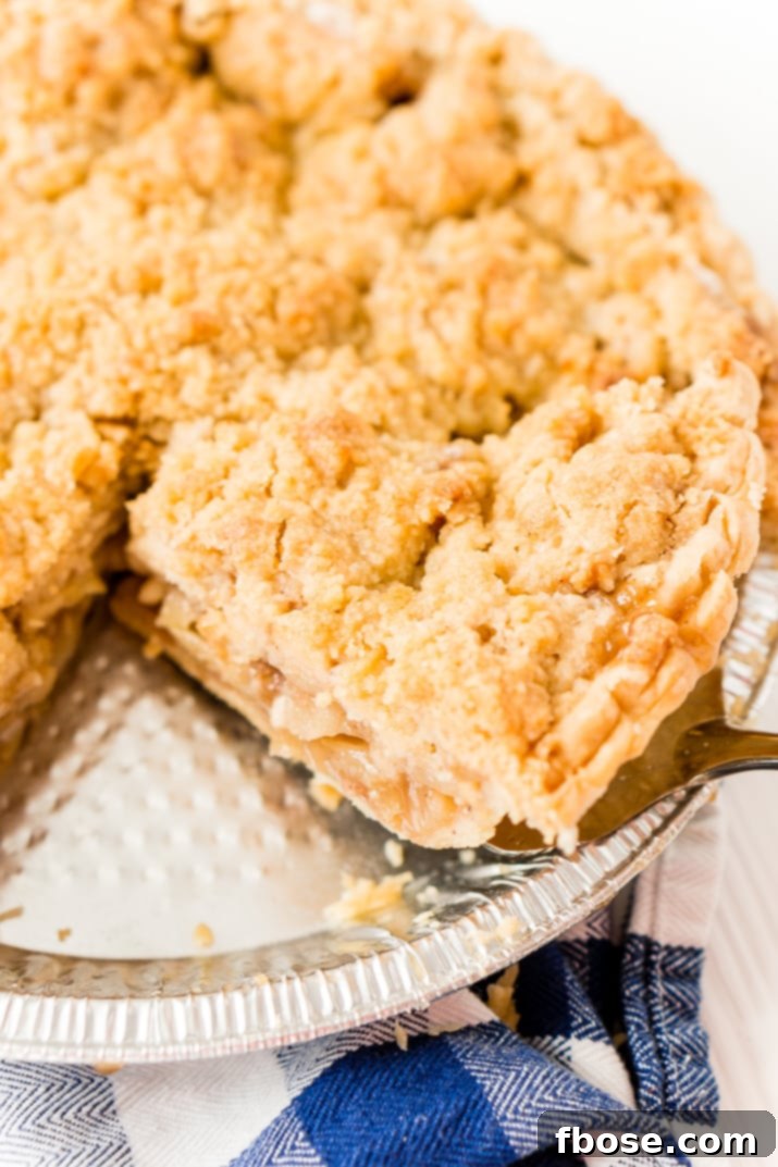 Old World Dutch Apple Pie 7 Close-up of Dutch Apple Pie slices being carefully removed from the pie pan with a spatula.