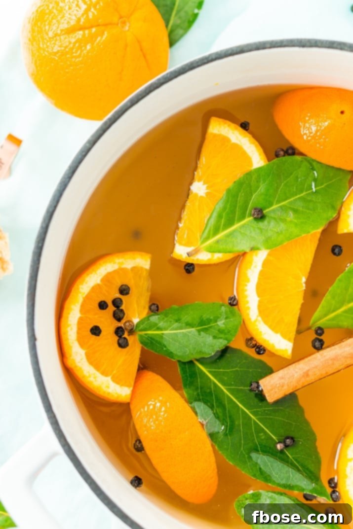 This Turkey Brine recipe made with salt, oranges, bay leaves, cinnamon, brown sugar, and black pepper will add moisture, tenderness, and flavor to your turkey. Brine turkey for 12 to 24 hours for the most amazing turkey for your holiday gathering!