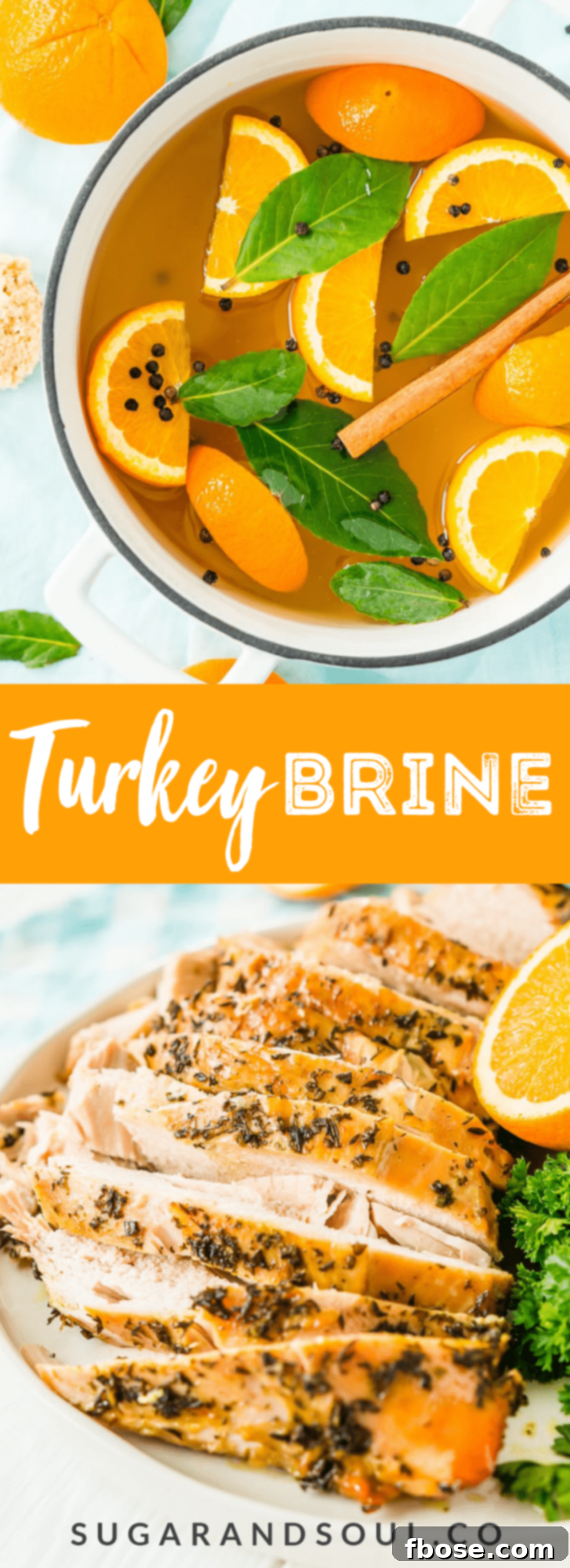 This Turkey Brine recipe made with salt, oranges, bay leaves, cinnamon, brown sugar, and black pepper will add moisture, tenderness, and flavor to your turkey. Brine turkey for 12 to 24 hours for the most amazing turkey for your holiday gathering!