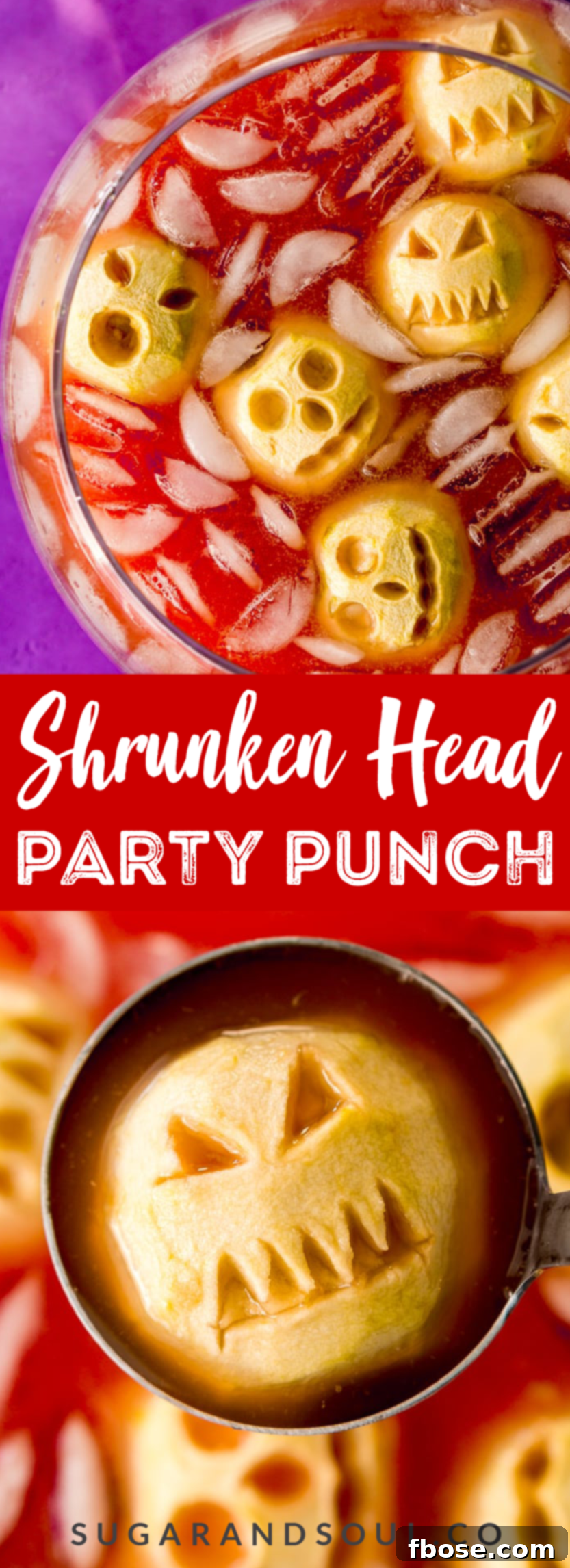 A Pinterest-optimized image featuring the Shrunken Head Party Punch recipe, encouraging users to save it for their Halloween party planning.