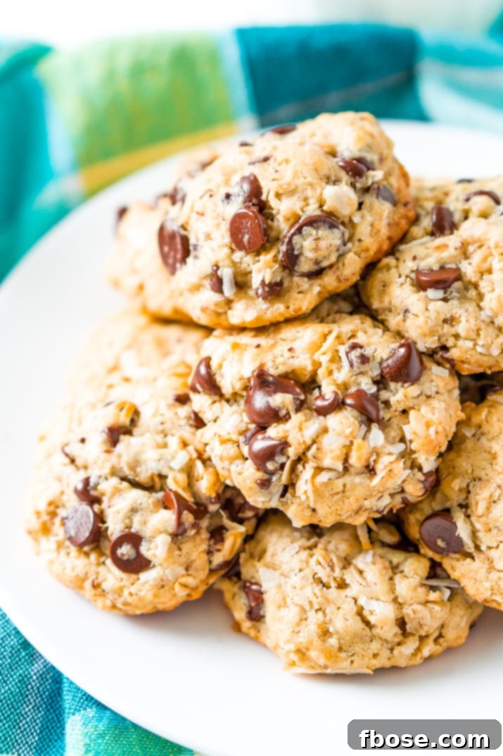 Oatmeal Chocolate Chip Lactation Cookies on a white plate with blue napkin.