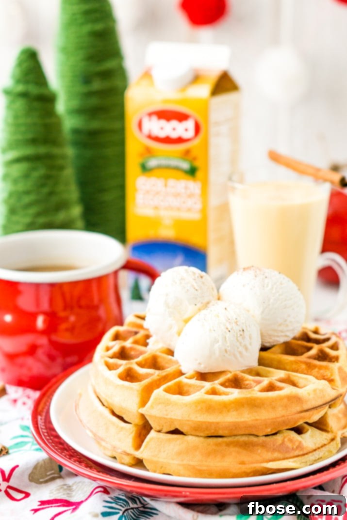 Spiced Eggnog Waffles 2 Eggnog Waffles are crisp and golden on the outside and fluffy on the inside, topped with whipped cream and spiced vanilla syrup!