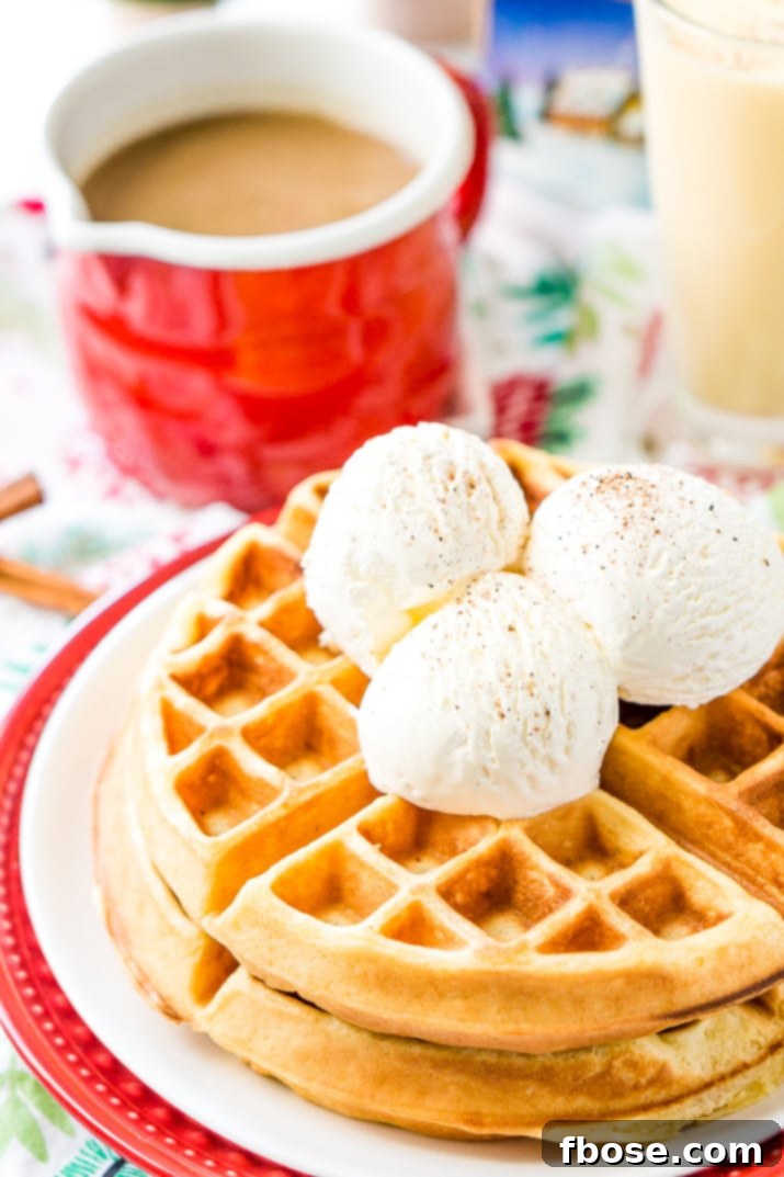 Spiced Eggnog Waffles 4 Eggnog Waffles are crisp and golden on the outside and fluffy on the inside, topped with whipped cream and spiced vanilla syrup!