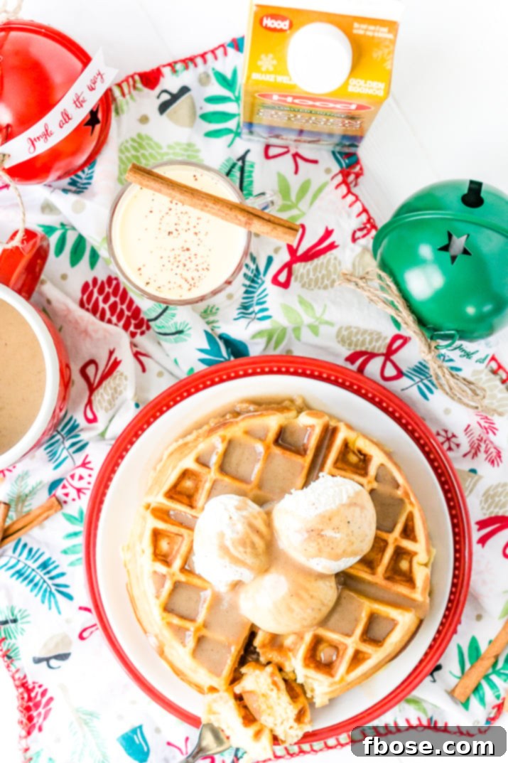 Spiced Eggnog Waffles 5 Eggnog Waffles are crisp and golden on the outside and fluffy on the inside, topped with whipped cream and spiced vanilla syrup!