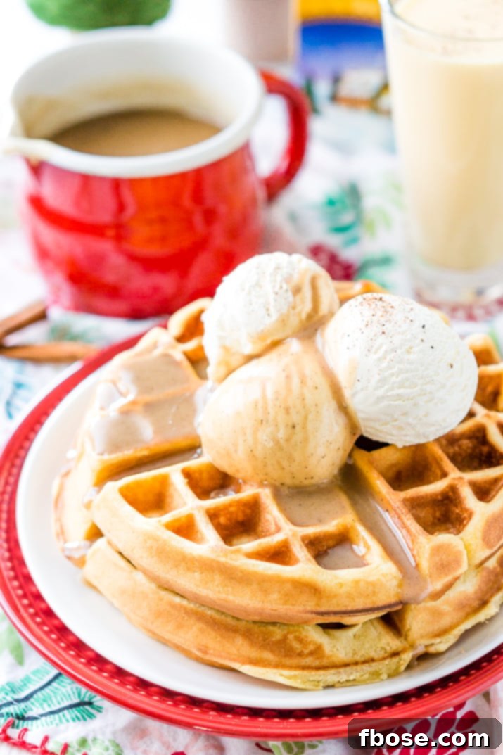 Spiced Eggnog Waffles 7 Eggnog Waffles are crisp and golden on the outside and fluffy on the inside, topped with whipped cream and spiced vanilla syrup!