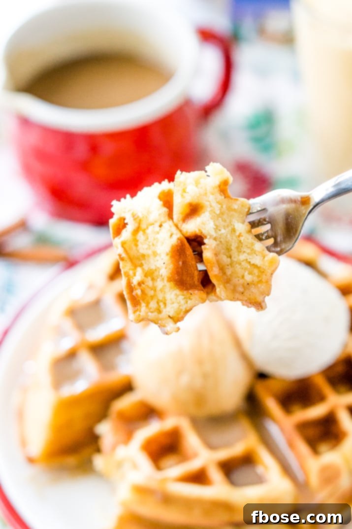 Spiced Eggnog Waffles 8 Eggnog Waffles are crisp and golden on the outside and fluffy on the outside, topped with whipped cream and spiced vanilla syrup!