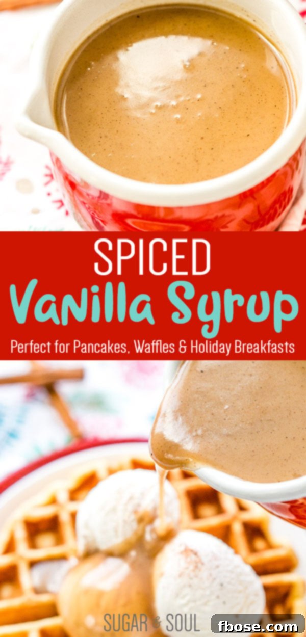 A final beautiful shot of Spiced Vanilla Syrup in a elegant pitcher, highlighting its pourable consistency, ready to be enjoyed. The rich color is perfect for SEO targeting 'best spiced vanilla syrup'.