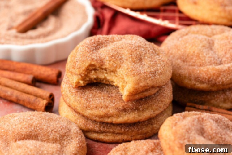 A stack of three Snickerdoodle cookies on a table, the top one is missing a bite.