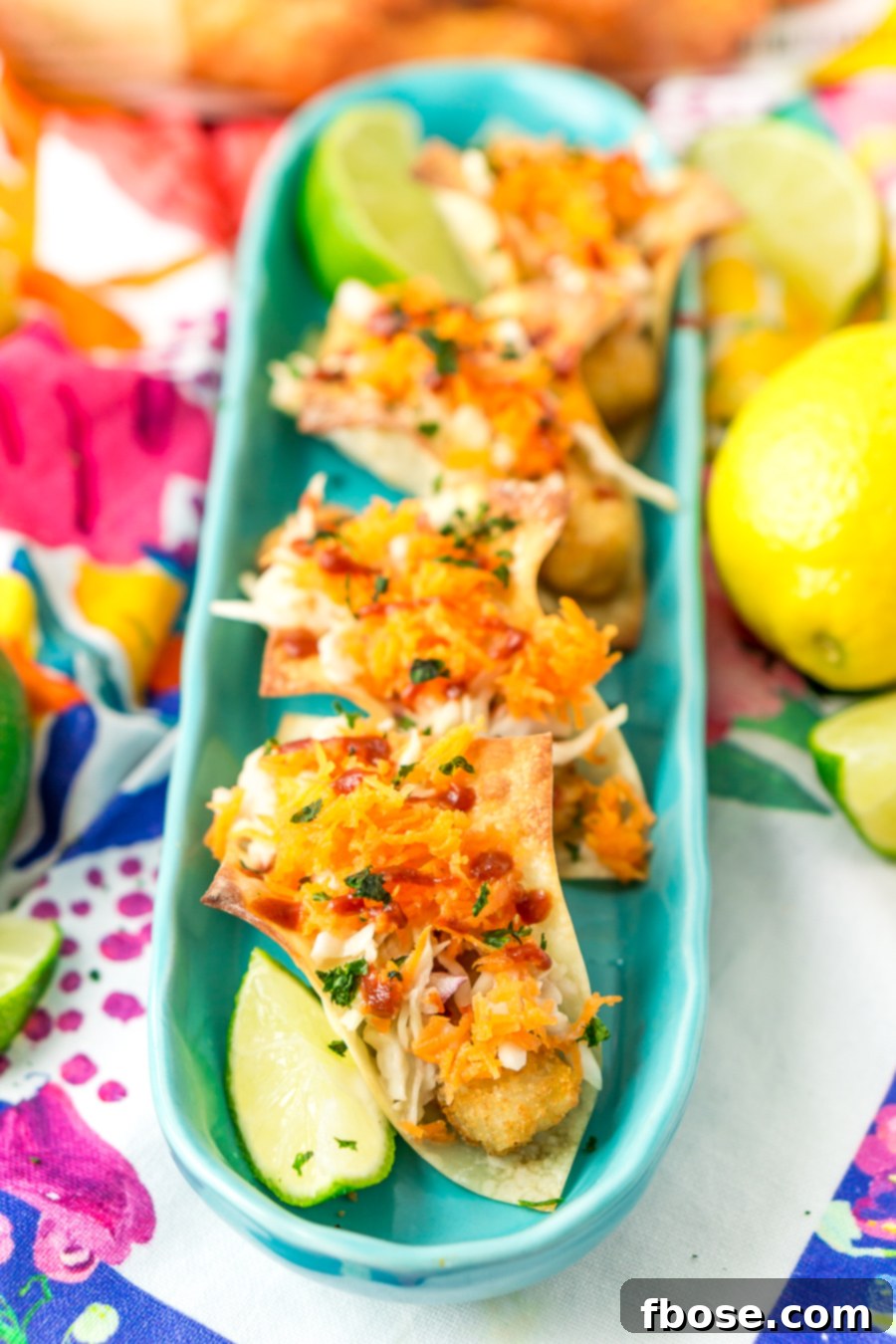 Prepared Fish Stick Tacos arranged neatly, showcasing the golden fish sticks and colorful slaw.
