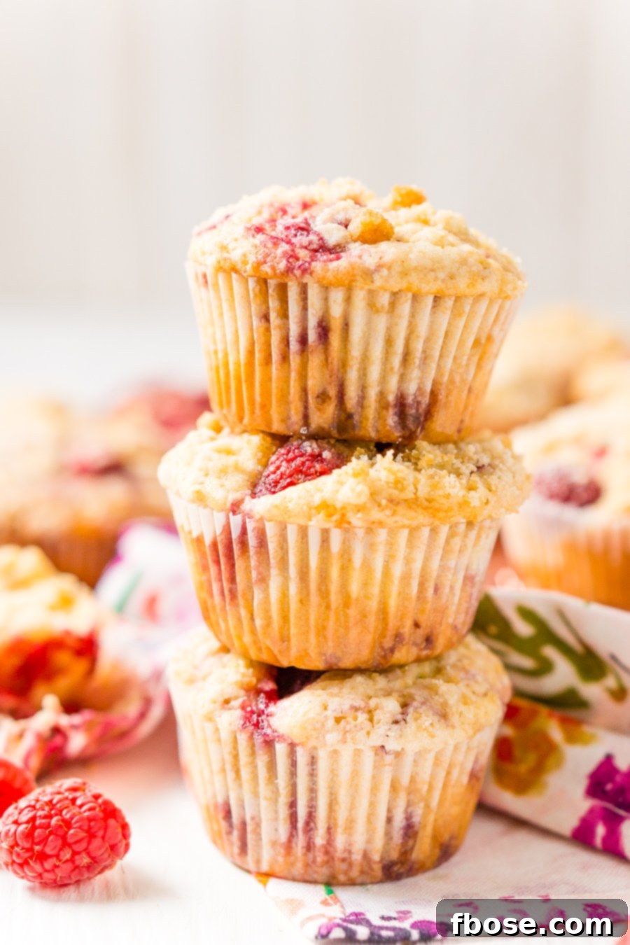 Close-up of fluffy Raspberry Muffins loaded with juicy red raspberries and topped with a glistening sugar crumble.