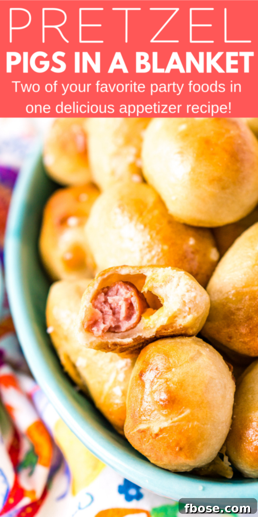 These Pretzel Pigs In A Blanket take two of your favorite party foods and combine them into one! Mini sausages and cheddar cheese wrapped in dough and baked to perfection!
