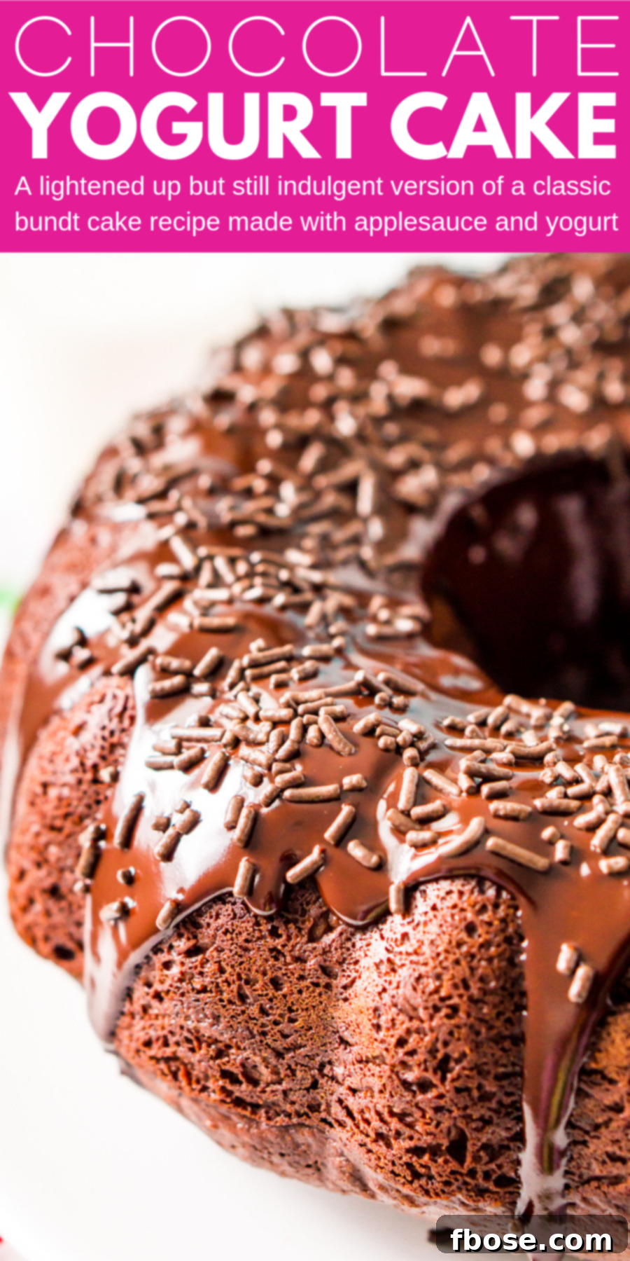 This Healthier Chocolate Yogurt Cake is a lightened up but still indulgent version of a classic bundt cake recipe made with applesauce and yogurt, ideal for Pinterest sharing.