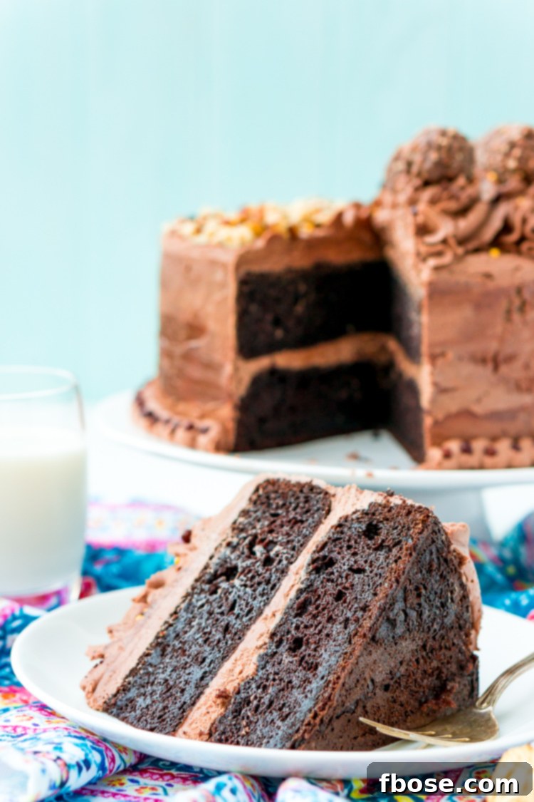A final close-up image of a slice of Nutella cake on a pristine white plate, with a fork, emphasizing its rich texture.