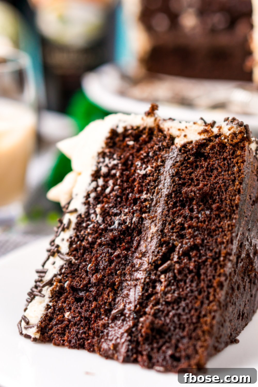 A beautifully decorated Chocolate Guinness Cake with layers of dark chocolate cake, rich ganache, and creamy Irish Cream frosting, ready for slicing.