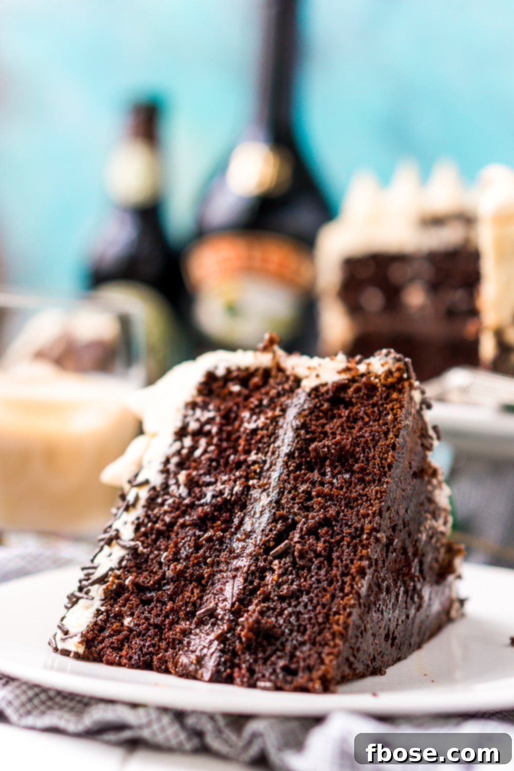 A grand display featuring a slice of Chocolate Guinness Cake on a white plate, with the full cake, a bottle of stout, and a bottle of Irish cream liqueur artfully arranged in the background.