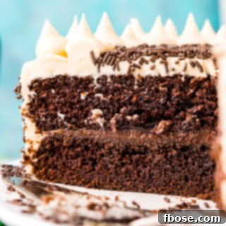 Chocolate Guinness Cake that's been sliced into and you can see the layers of chocolate cake, chocolate ganache, and Irish Cream Buttercream against a blue background.