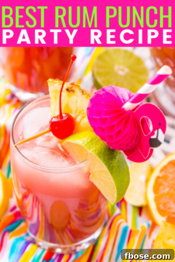 A stunning visual summary of the Rum Punch recipe, highlighting its key ingredients: orange, pineapple, lime, and lemon juice, ginger ale, and three types of rum. It's an inviting Caribbean-inspired cocktail perfect for summer parties.