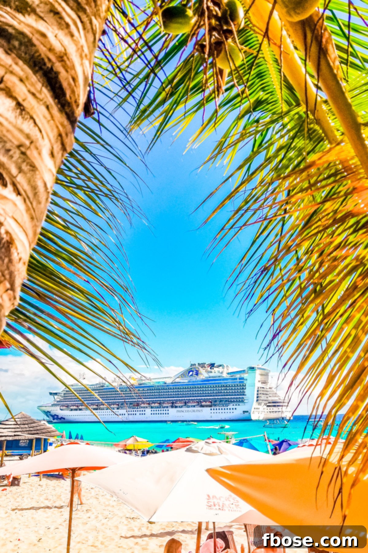 Grand Turk Island: Your Port Adventure Guide 2 A majestic Princess Cruise Ship docked in the vibrant port of Grand Turk. Lush palm trees frame the foreground, while colorful beach umbrellas dot the shoreline, inviting cruisers to explore.