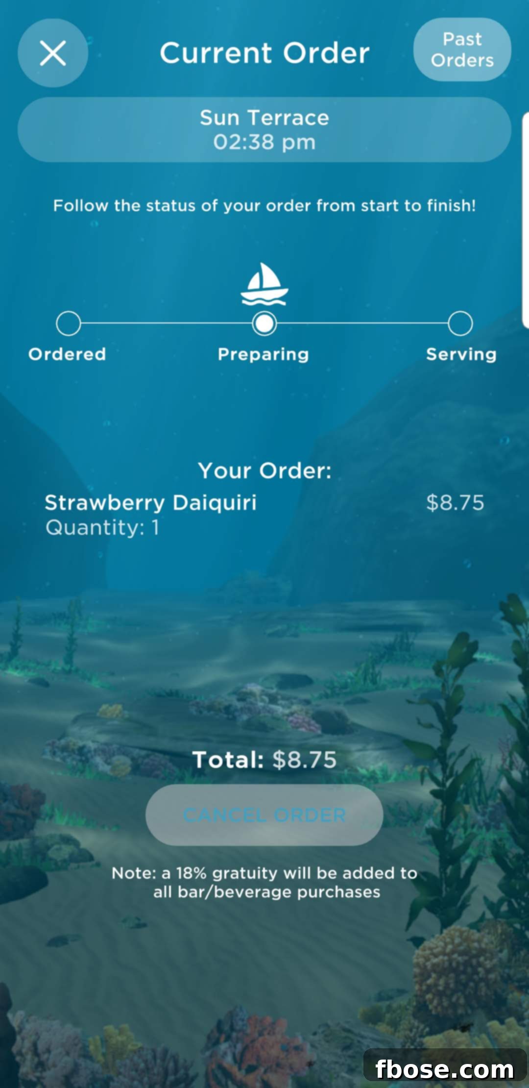 Grand Turk Island: Your Port Adventure Guide 16 A screenshot of the Princess Cruises OceanNow app displays an order for a strawberry daiquiri, highlighting the convenience of on-demand service directly to your location on the ship.