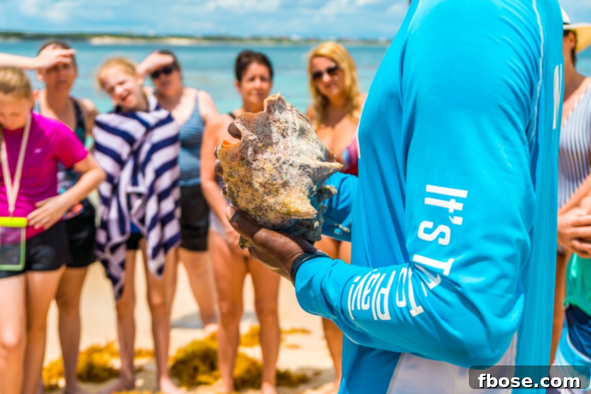 Grand Turk Island: Your Port Adventure Guide 10 A tour group gathers on a sunny beach, attentively watching a guide demonstrate how to open a conch shell. This cultural display provides insight into local traditions.