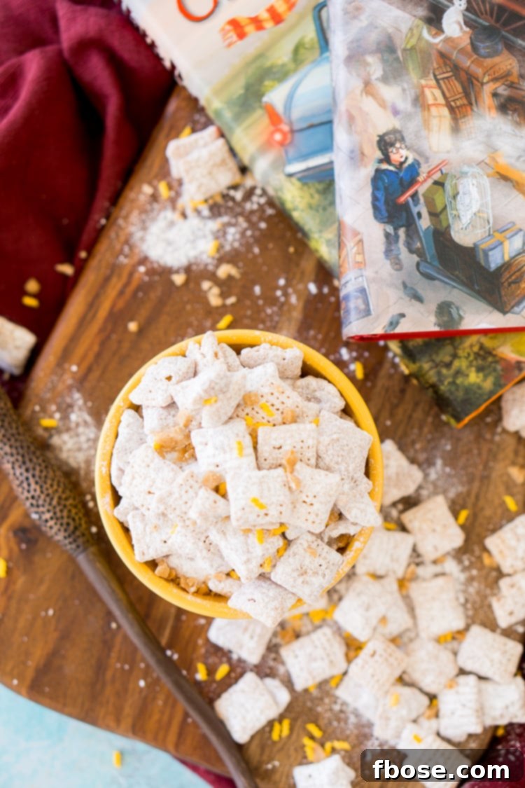 Overhead photo of a bowl of harry potter inspired muddy buddies.