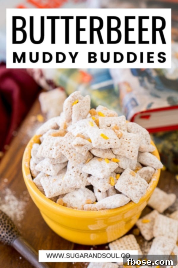 Harry Potter Butterbeer Muddy Buddies in a yellow bowl, with various Harry Potter books and themed items in the blurred background. A hand is reaching for a muddy buddy.