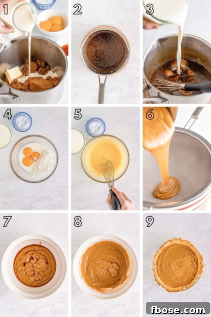 step-by-step photo collage showing how to make butterscotch pie from scratch.