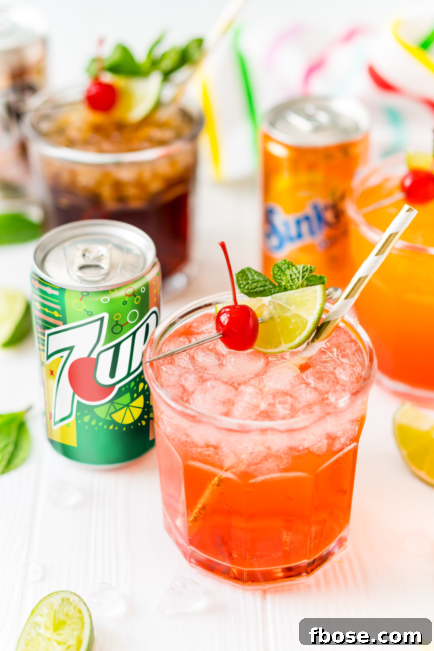 Simple Sips Three Ways 2 A beautifully garnished mocktail in a glass, with a can of 7UP next to it, and other drinks subtly blurred in the background, creating an inviting summer scene.