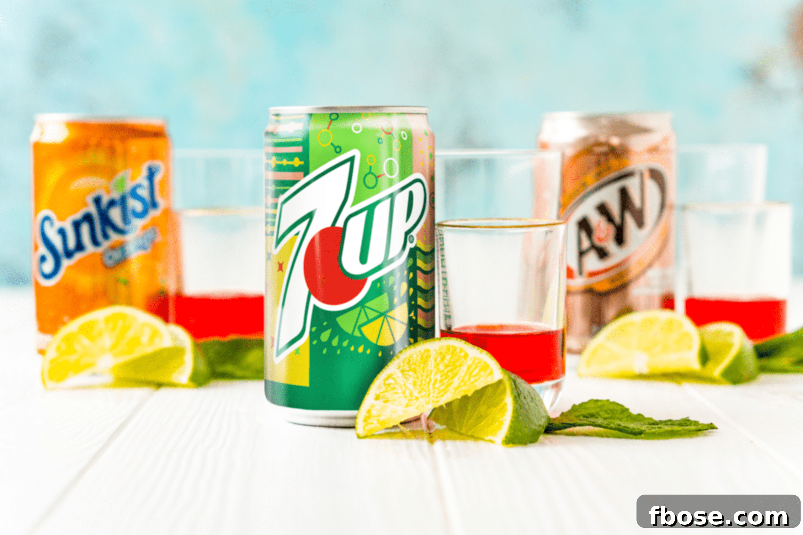 Simple Sips Three Ways 4 A close-up shot of soda cans (7UP, A&W Root Beer, Sunkist) neatly arranged on a white counter alongside other mocktail ingredients: fresh limes, vibrant grenadine, and a bunch of mint, all ready for mixing.