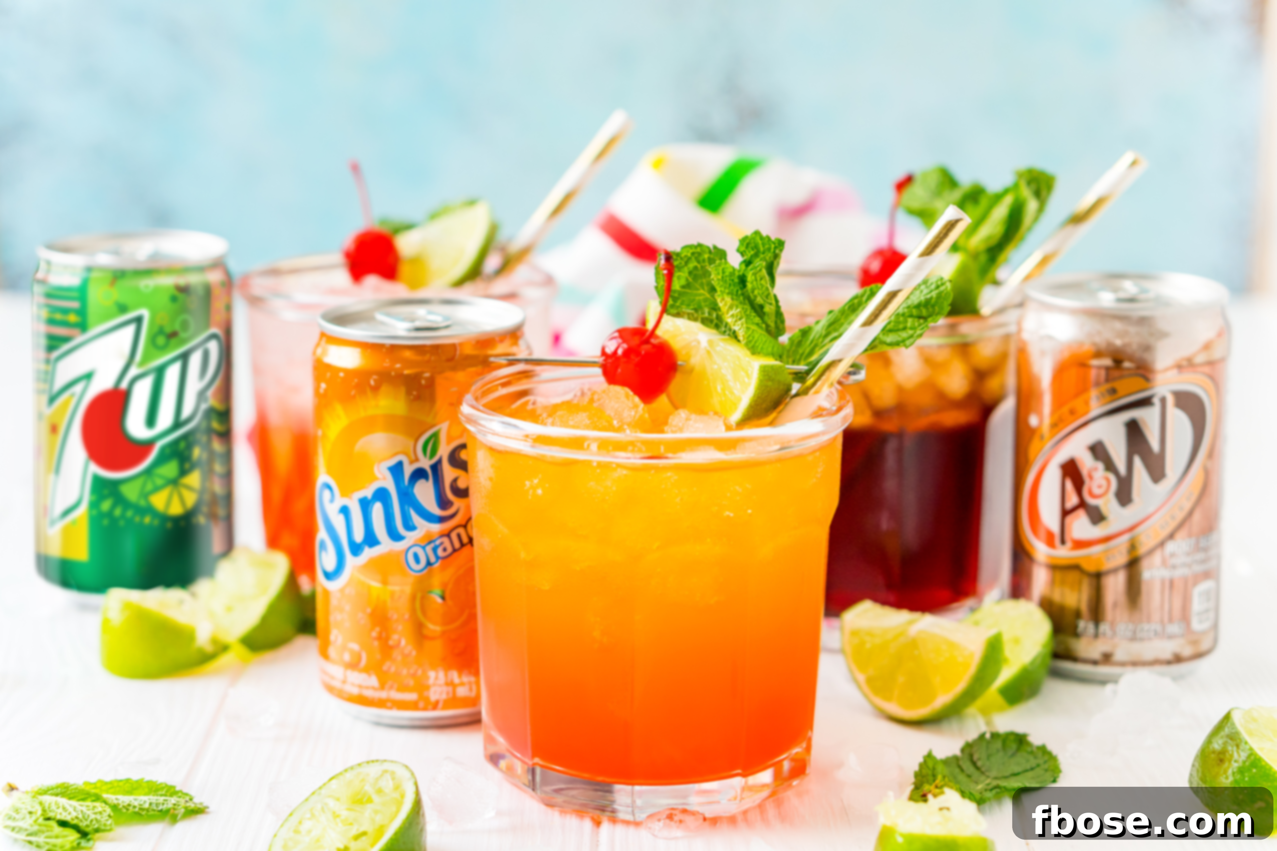 Simple Sips Three Ways 5 A row of colorful mocktails, each garnished with mint, lime, and a cherry, with the respective soda cans positioned behind them, creating an inviting display of ready-to-serve drinks.