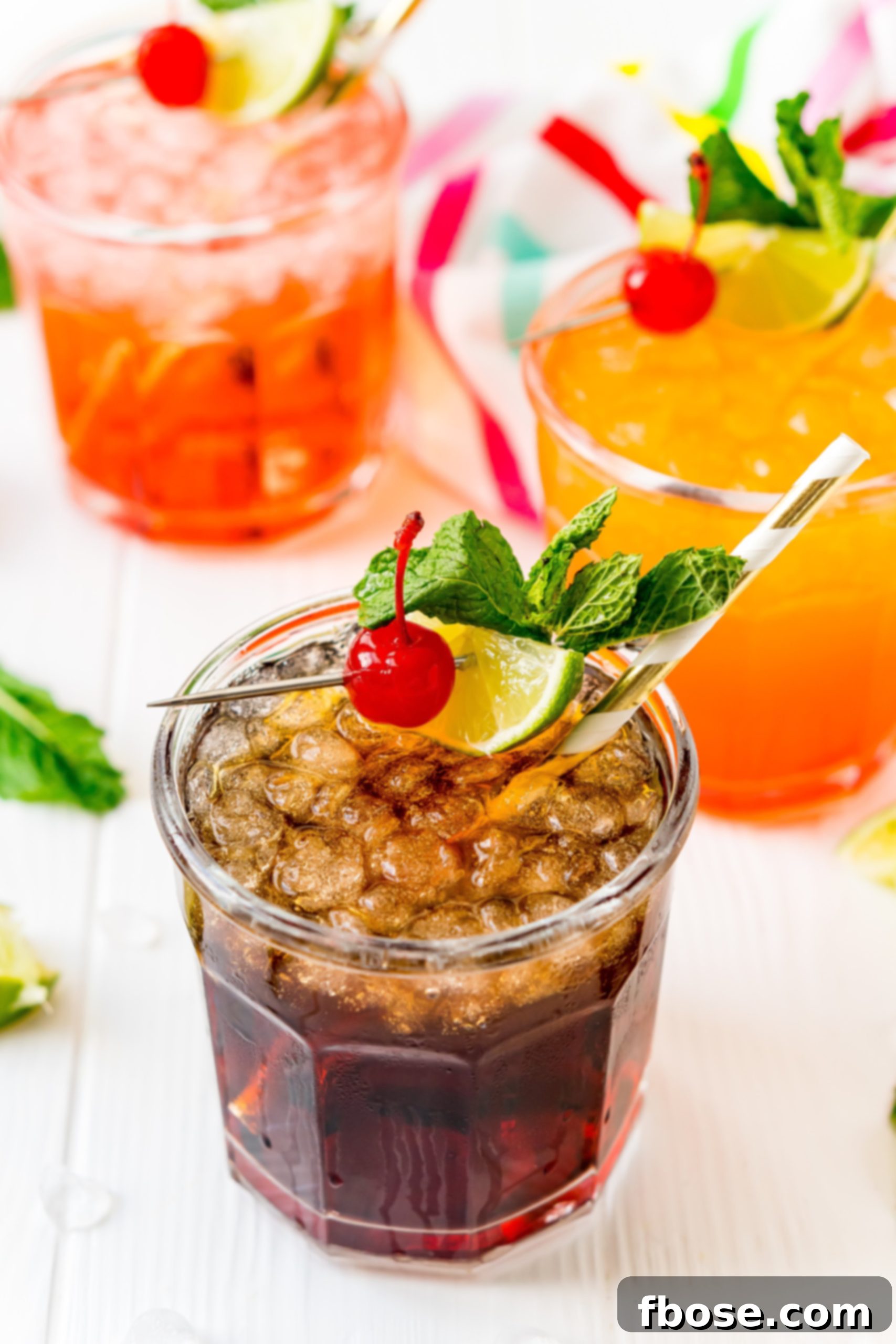 Simple Sips Three Ways 7 Several mocktails beautifully presented in glasses, each expertly garnished with fresh mint, a maraschino cherry, and a lime wedge, ready to be enjoyed.