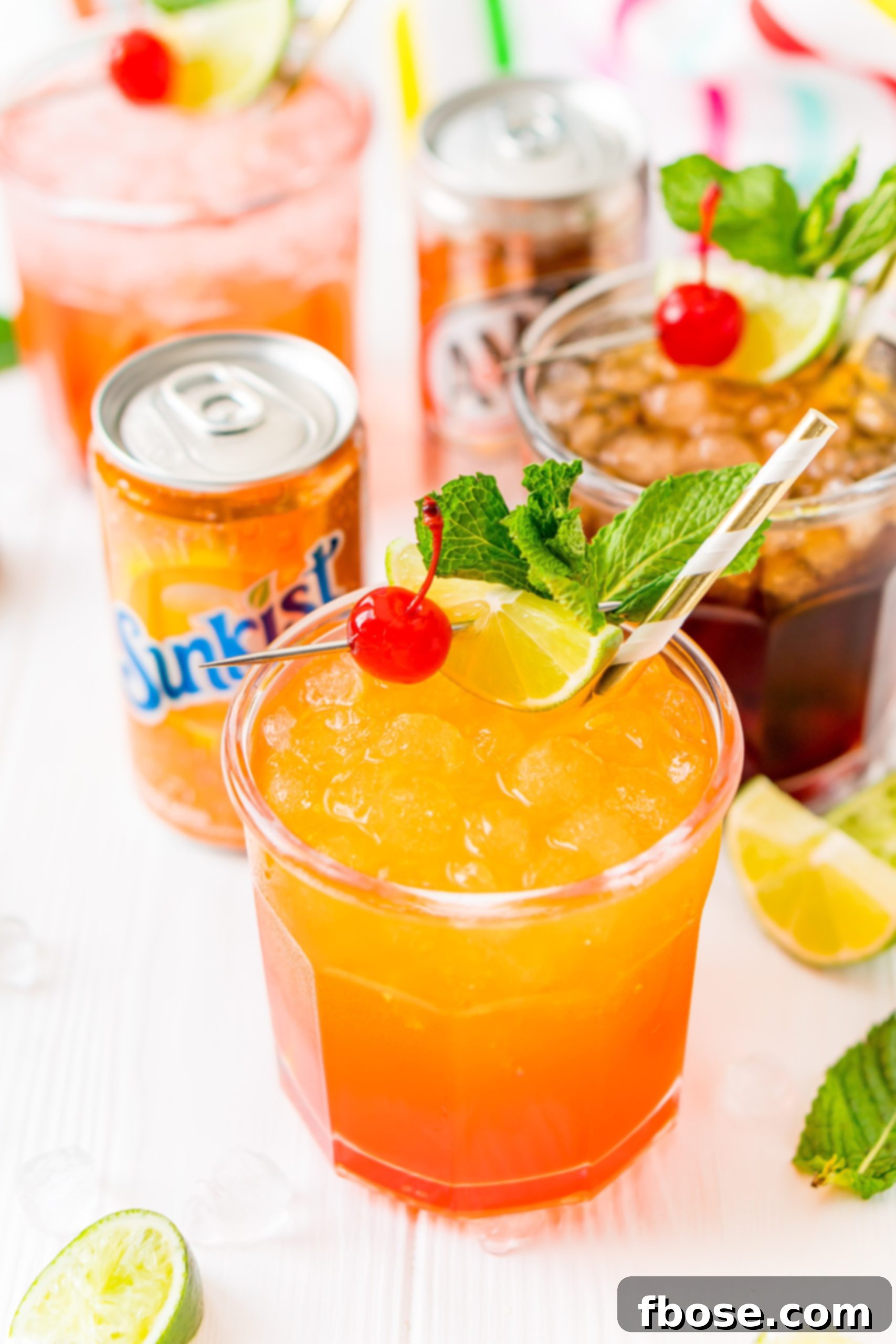 Simple Sips Three Ways 8 A bright orange soda mocktail in a clear glass, garnished with a lime wedge and a cherry, positioned next to a matching can of orange soda, highlighting the drink's vibrant color.