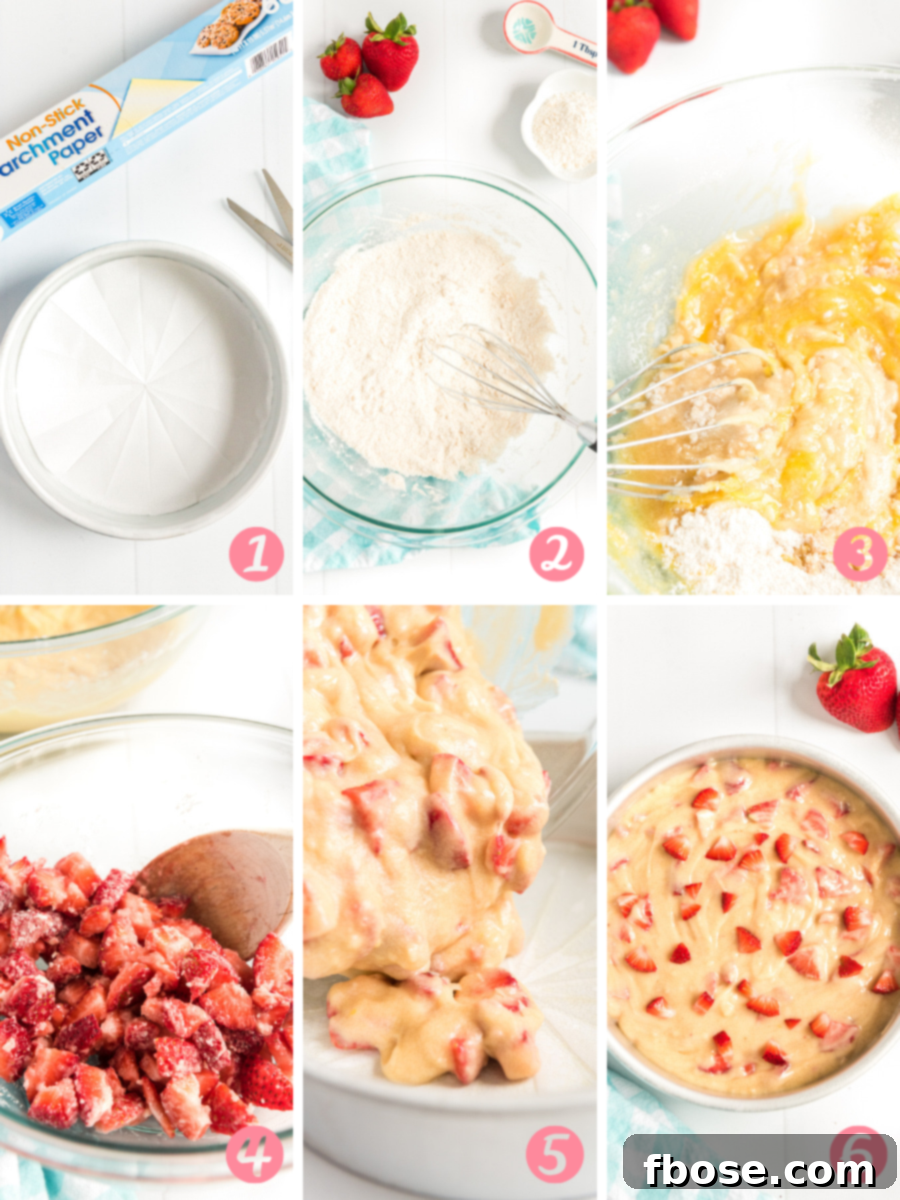 Collage of Step-by-step photos for making strawberry cake.
