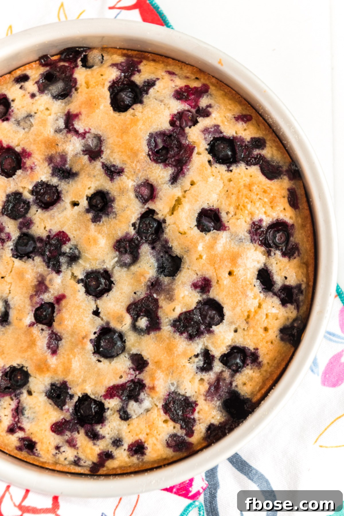 Overhead shot of a blueberry cake in a round baking pan.