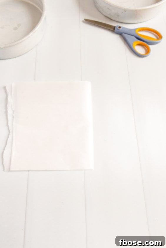 Piece of parchment paper folding in half with cake pans and scissors on the table.