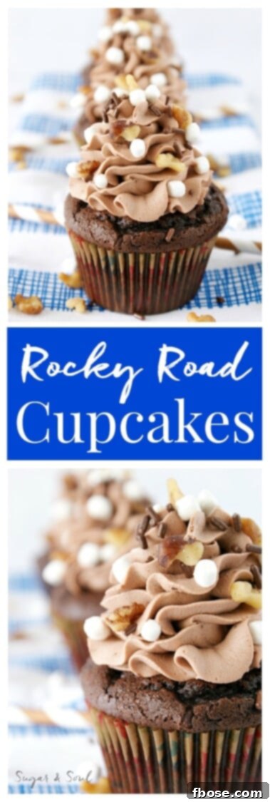 A final close-up image of a Rocky Road cupcake with an emphasis on its decadent toppings.