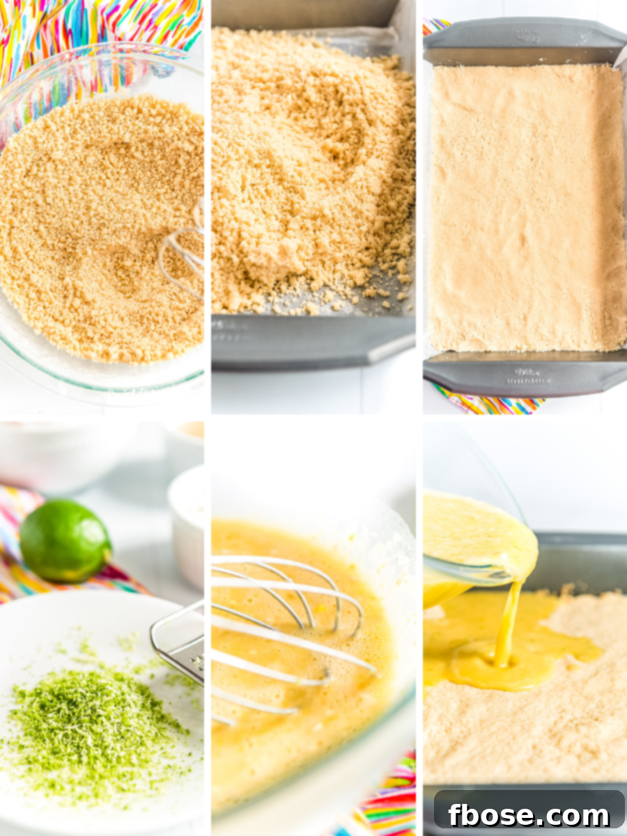 A collage of step-by-step photos illustrating the process of making key lime bars, from crust preparation to baking.