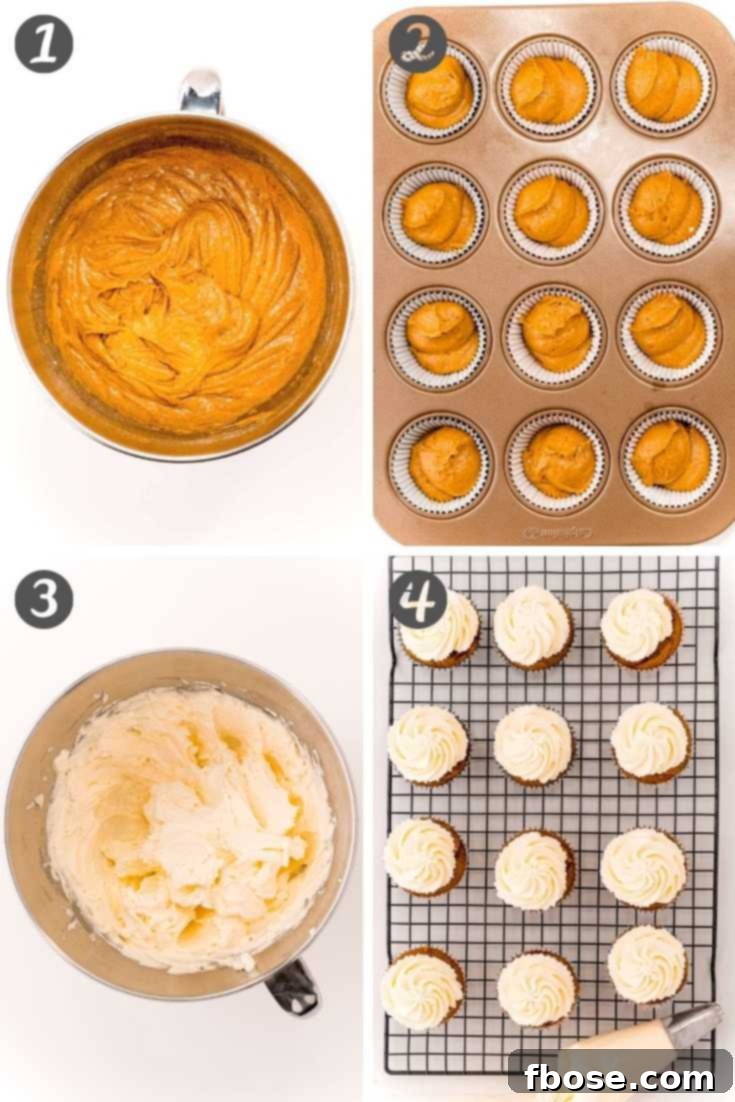 Step-by-step photo collage showing how to make pumpkin cupcakes, illustrating each stage for clarity and ease of following the recipe.