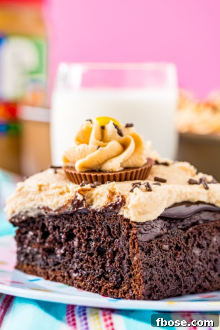Decadent Chocolate Peanut Butter Poke Cake 2 Close up photo of a slice of chocolate cake with peanut butter frosting on a white plate with a glass of milk in the background.