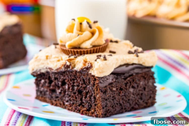 Decadent Chocolate Peanut Butter Poke Cake 4 Slice of chocolate peanut butter cake on a small plate.