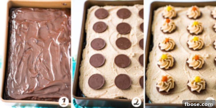 Decadent Chocolate Peanut Butter Poke Cake 5 Step-by-step-photo collage of a chocolate cake being frosted with peanut butter frosting.