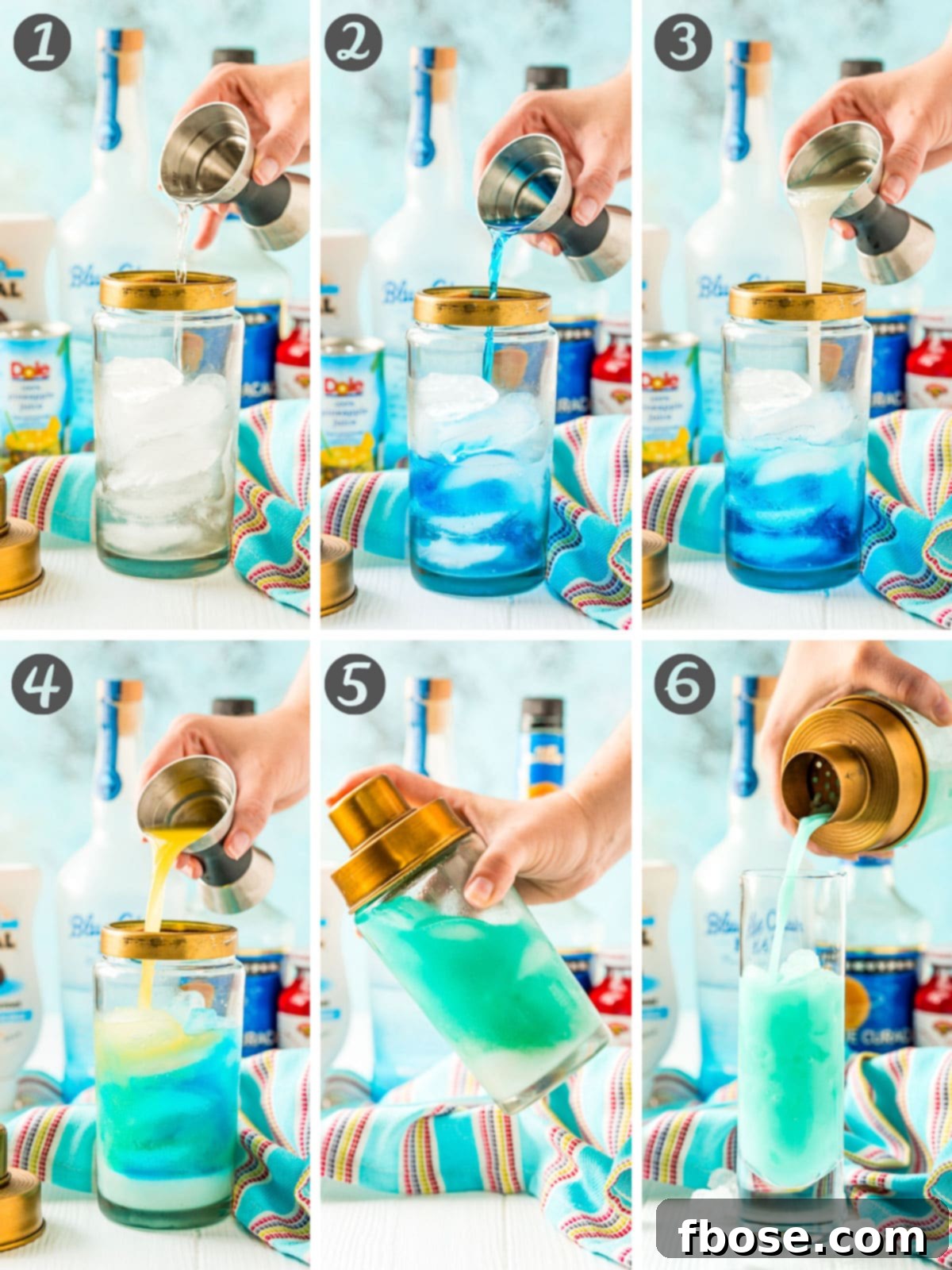 Azure Aloha 4 Step-by-step photo collage for how to make a blue cocktail