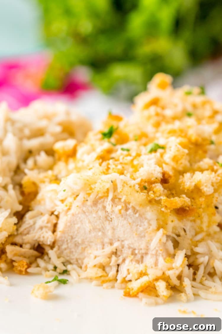 Close up photo of a baked chicken breast that has been cut into. Crusted with croutons and served with rice.