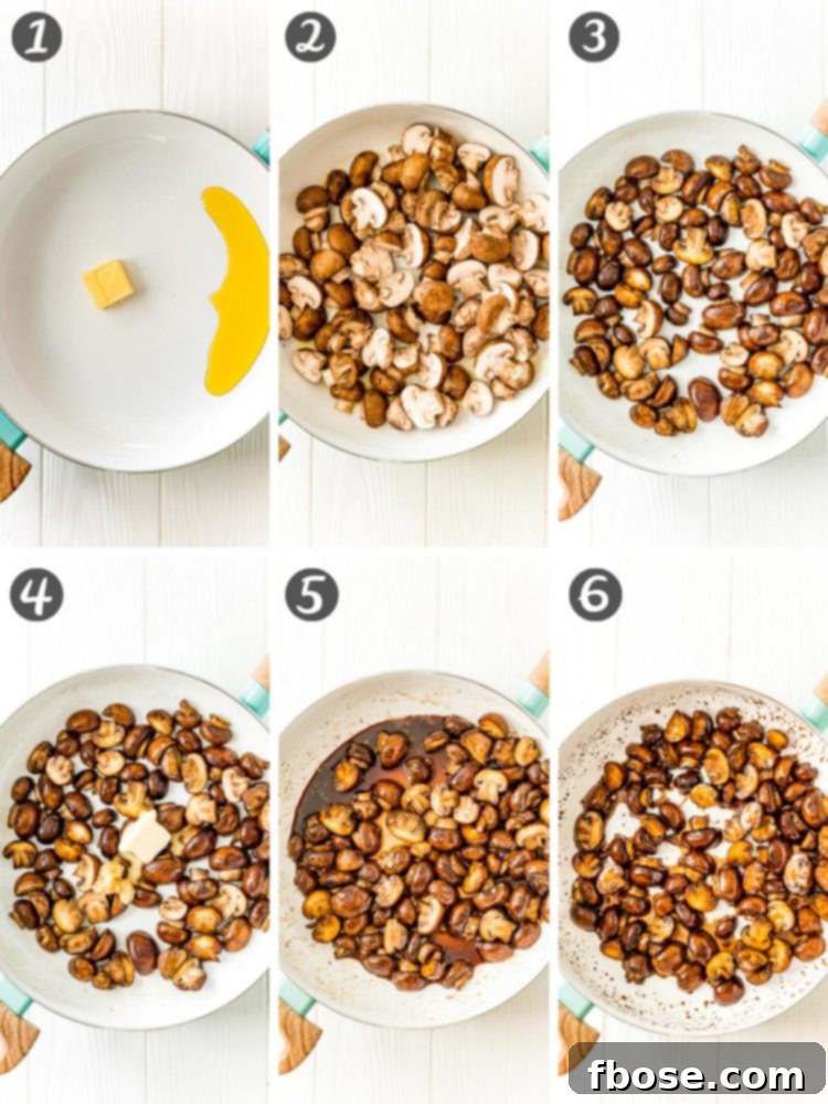 Step-by-step photo collage illustrating the process of making sauteed mushrooms: from raw ingredients to cooked mushrooms in a pan.