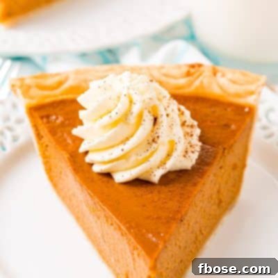 Close up photo of a slice of pumpkin pie on a white plate topped with whipped cream.
