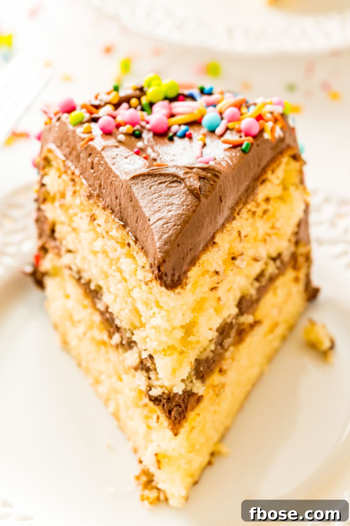 Slice of yellow cake with chocolate frosting and sprinkles on a white plate.