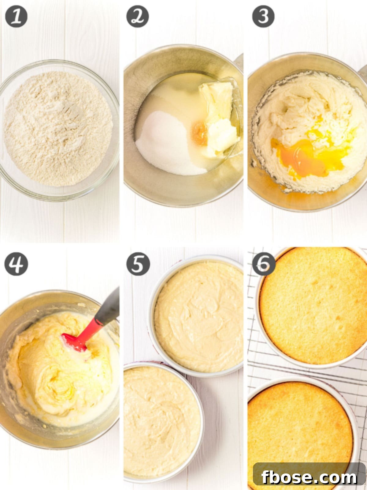 Step-by-step photo collage showing how to make yellow cake.
