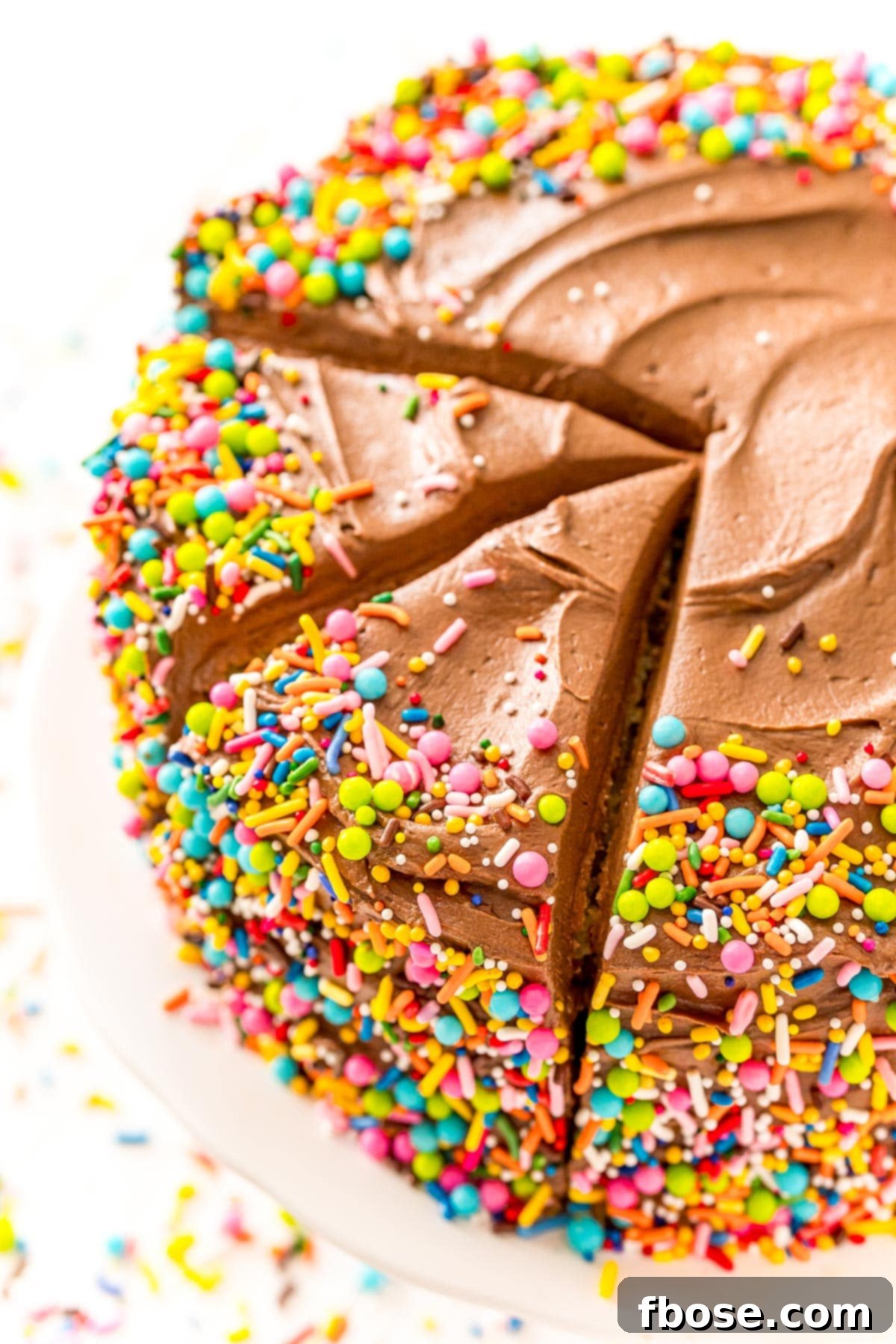 Chocolate frosted yellow cake with sprinkles.